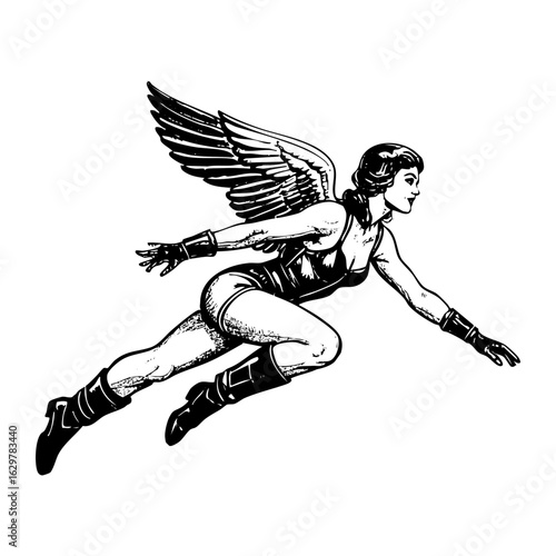 Black and white vintage illustration of pinup woman wear suit with wings fly	with Detailed Line Work and Shading in Black and White