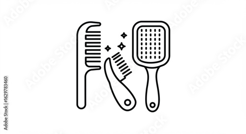 Illustration of three different hair combs and brushes with sparkle accents on a white background vreated with genrated ai
