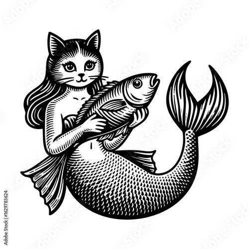 Cat mermaid with hair cat fish	isolated on white background. Vector illustration in sketch style