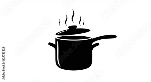 Illustration of a black cooking pot with a lid slightly ajar and steam rising from the contents vreated with genrated ai