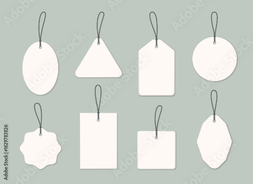 White blank price tag set with black string loops - retail discount labels in various shapes, decorative frames for store merchandise pricing, sales promotion or gift labeling. Product branding mockup