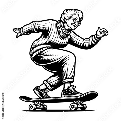 Detailed Engraving of grandmother wear eyeglasses skateboarding action in detailed engraving style silhouette