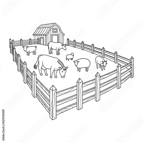 Farm with a fence and animal grazing Coloring Page, Vector, Illustration, Icon, Outline, Line Art, Silhouette, White Background.