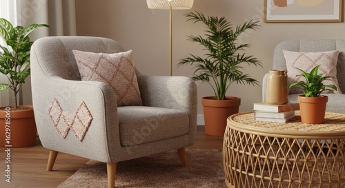 Serene living room interior featuring a grey armchair with pink accents, a rattan coffee table, and abundant indoor plants for a fresh, natural look.