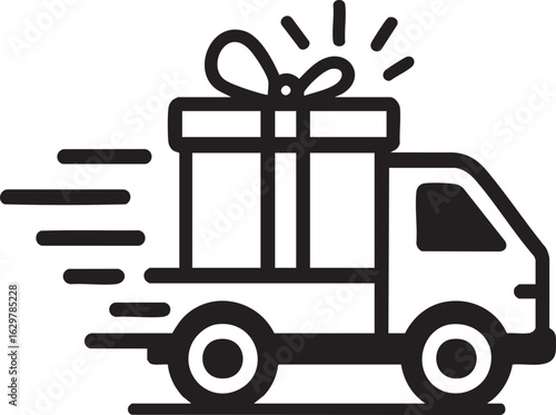 gift box vector, Vector Stylized Gift Delivery Truck in Motion – Minimalist Line Art on White Background

