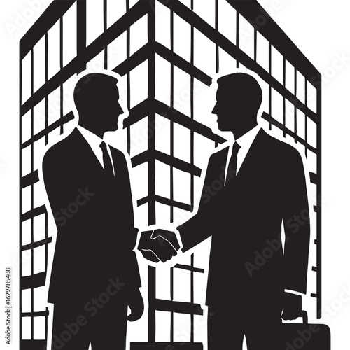 Two businessmen in suits shaking hands in front of a modern office building in a striking black and white silhouette style