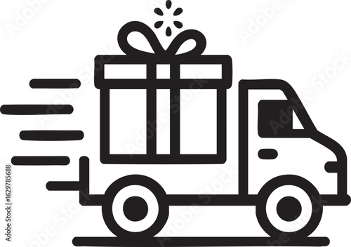 Vector Delivery Truck with Gift Box Icon – Fast Shipping Black and White Line Drawing


