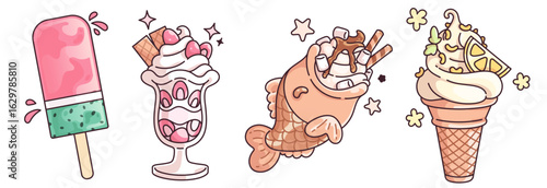 Kawaii ice cream desserts - pink watermelon popsicle, strawberry sundae in glass with wafer, chocolate taiyaki filled with swirls, soft serve cone topped with lemon slice for cute summer treats.