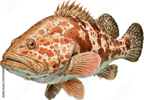 Illustration of a colorful grouper fish with detailed scales and fins