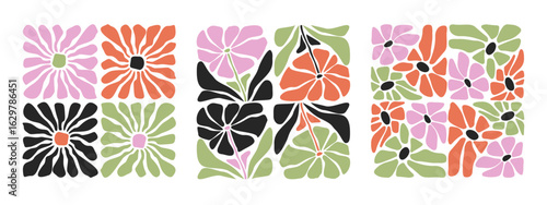 Groovy floral patterns with Matisse cutout shapes and boho daisy blooms. Retro botanical elements for modern textile or wallpaper design. Abstract flowers with organic forms and vintage style.