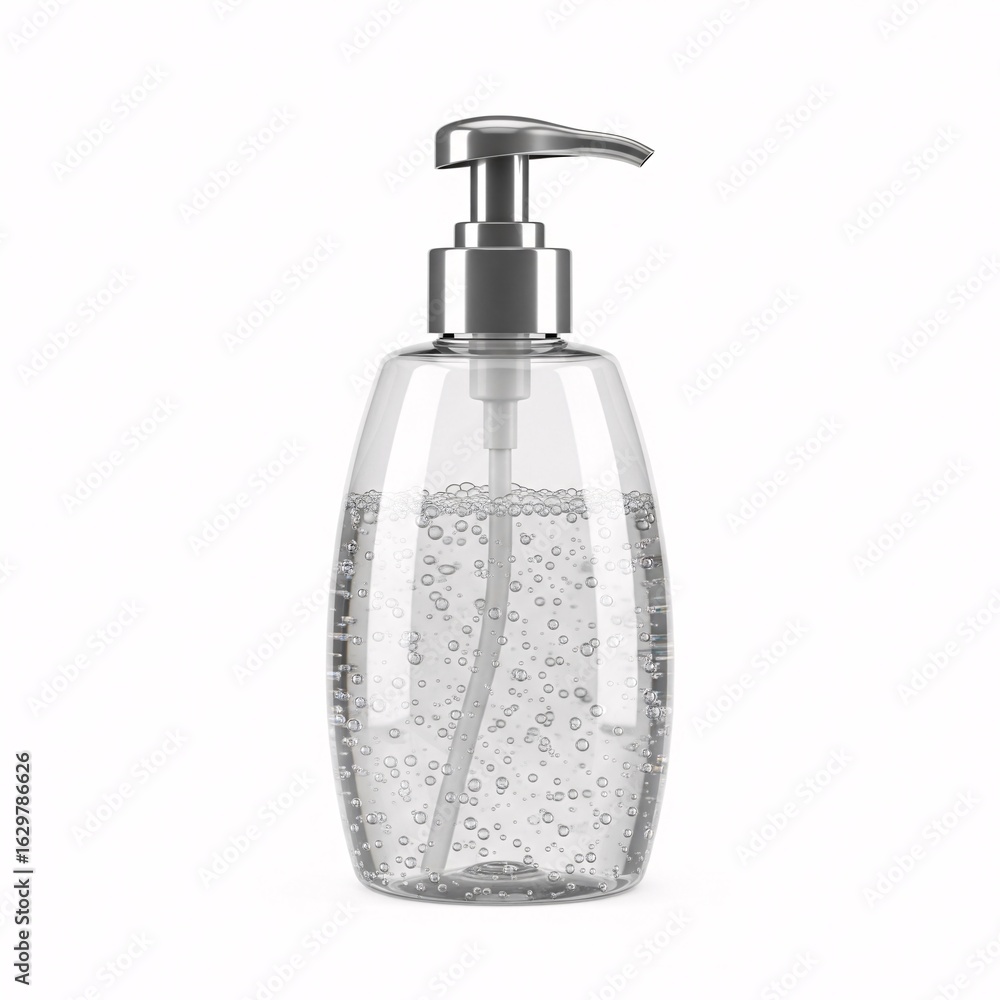 Fototapeta premium A transparent bottle with a dispenser for soap or lotion, filled with clear liquid and bubbles,