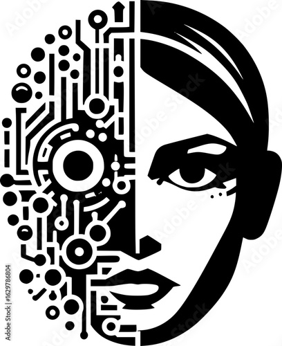 Minimalist black and white icon of a woman’s face merged with tech elements, clean lines, ideal for logos, stickers, or modern digital use.