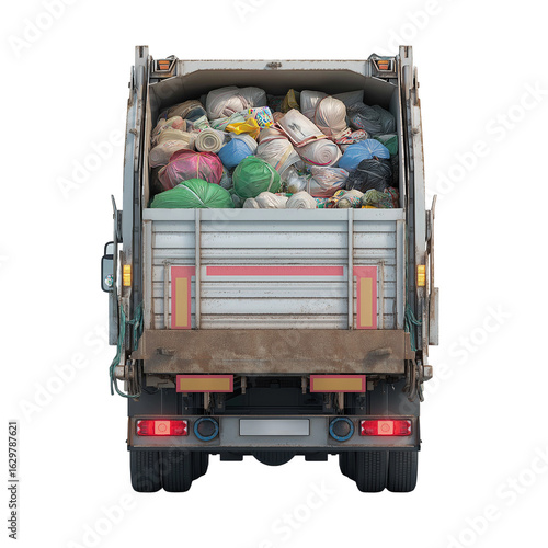 Garbage truck collecting waste during the day in an urban area filled with colorful bags and trash. PNG image, transparent background