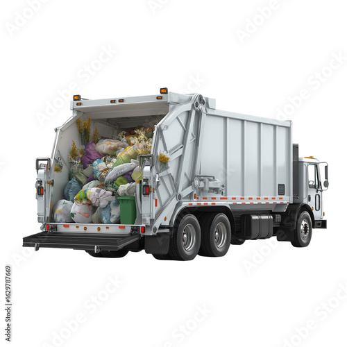 Garbage truck collecting waste in a residential area during mid-morning hours. PNG image, transparent background