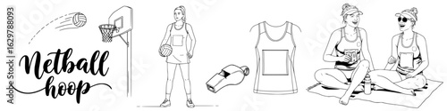 Netball hoop and other netball scenes - vector illustration with players, uniforms, and game gear  