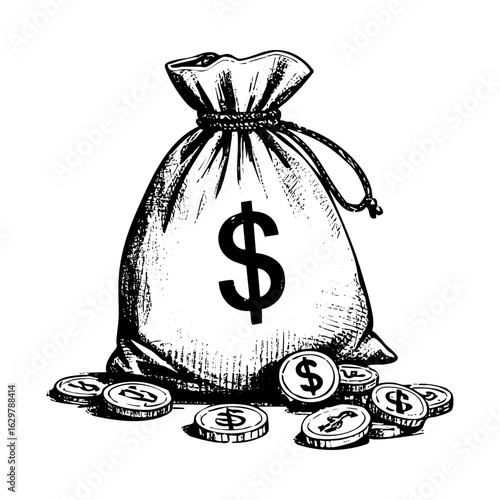 Hand drawn of money inside sack with dollar sign and tied	Hand drawn vintage vector. Black and white.