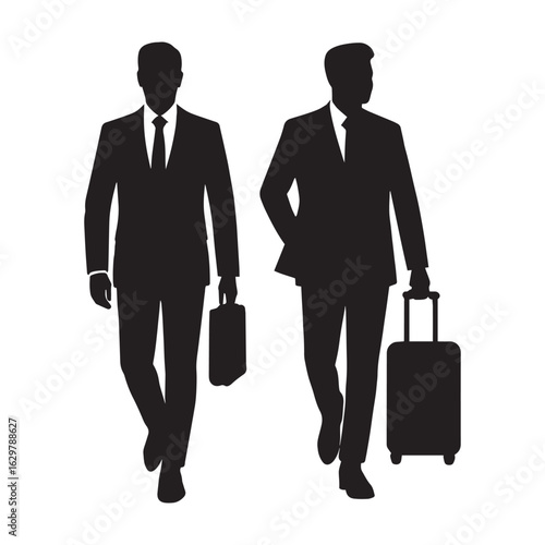 Two businessmen in suits walking with luggage and briefcases in a striking black and white silhouette style
