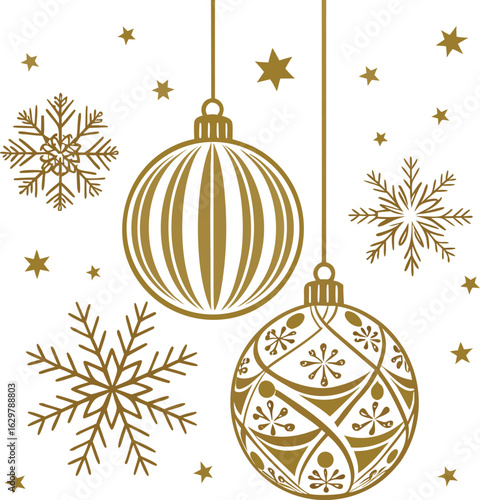 Golden christmas balls and snowflake decorations on a branch, perfect for a winter holiday celebration