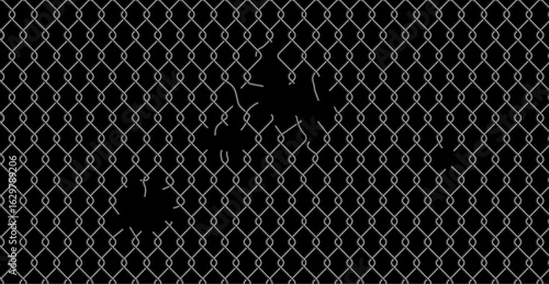 Chain link fence mesh pattern with torn metal texture and broken wire grid for urban industrial background. Damaged security barrier with holes and ripped sections. Black metallic fencing material.