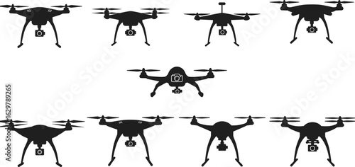Set of drone silhouettes with cameras, quadcopters flying in different angle