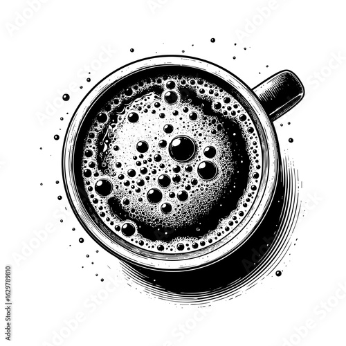 hot coffee cup view from above engraving vector illustration.