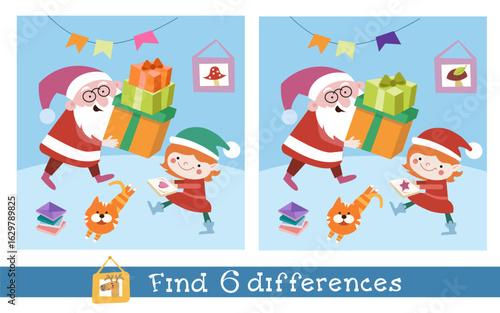 Find 6 differences. Game for kids. Santa Claus and elf make gift for Christmas. Hand drawn vector illustration.