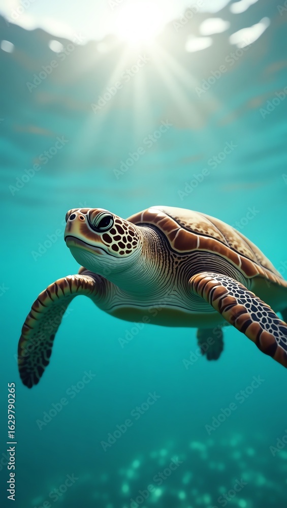Obraz premium Sea turtle swimming underwater with sunlight rays