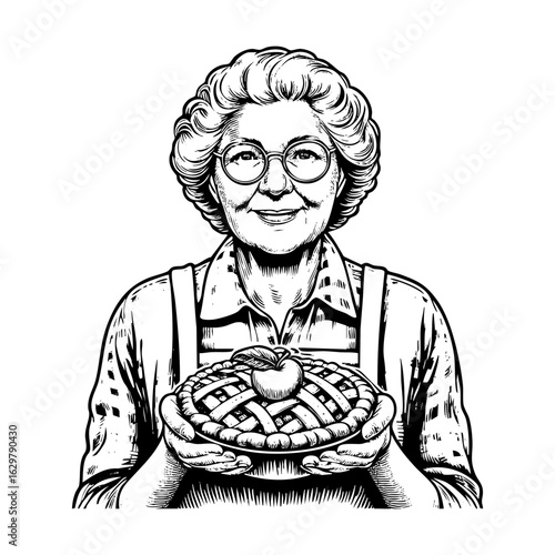 Engraved of grandmother holding a pie in Black and White Illustration