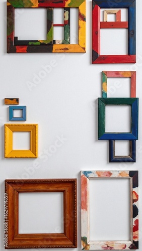 A vibrant wall adorned with an array of colorful frames in various sizes, showcasing a mix of artwork and photographs, creating an eclectic gallery feel.