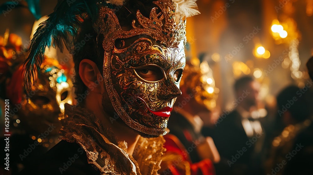 Naklejka premium Person Wearing Ornate Carnival Mask at Festive Event