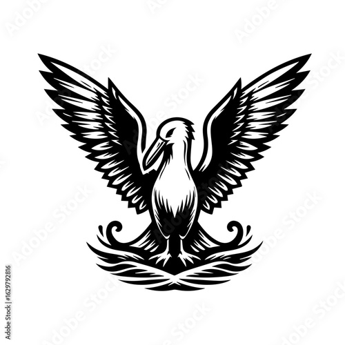 Stylized black and white bird with wings spread