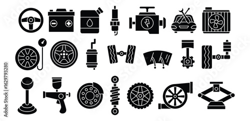 Black Fill Icon of Car Automotive Parts and Equipments for Vehicle Repair, Transportation, Automobile, Service, Wheel, Engine, Vehicle, Symbol Vector Design Illustration