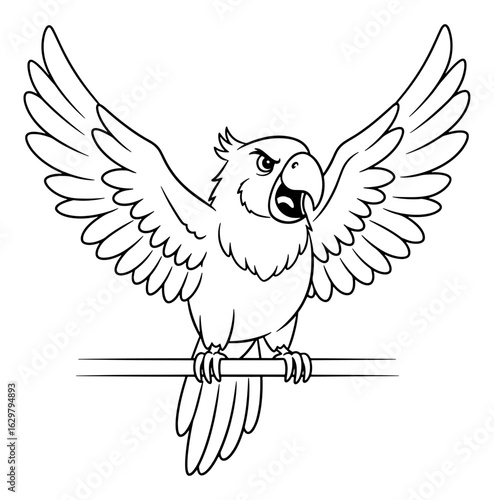 Cartoon Illustration of an Angry Parrot Perched on a Bar with Wings Spread, Black and White Outline