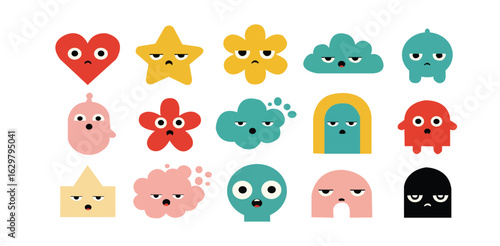 Sad cartoon shape icons, Colorful collection of heart cloud flower and blob characters with sleepy or disappointed faces in flat vector style

