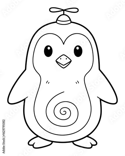 Cartoon Penguin Outline with Propeller Hat and Spiral Design
