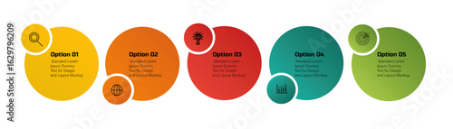 Modern vector infographic – 5-step circle timeline for business data presentation, process flow, digital marketing, and technology