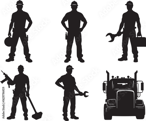 Skilled workers with tools and truck represent industry professionals.