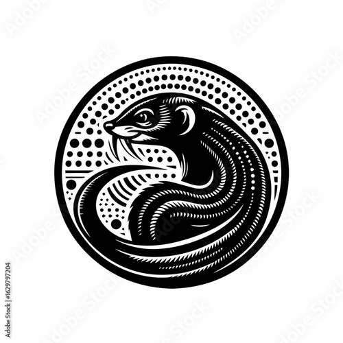 Stylized black and white ferret illustration in a circle