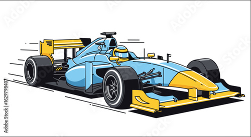 Fast cartoon formula race car in motion, blue and yellow design, aerodynamic speed vehicle, motorsport competition, vector racing illustration