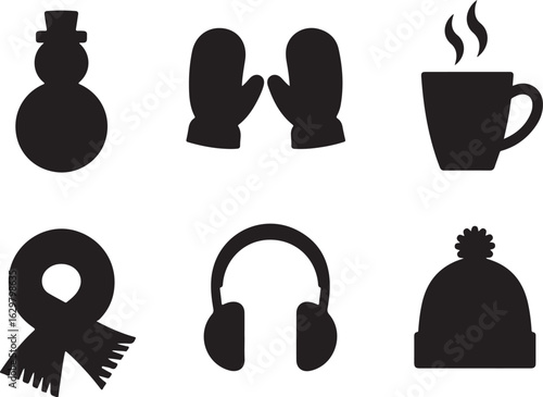 Charming winter icons: snowman, mittens, hot drink, scarf, headphones, hat