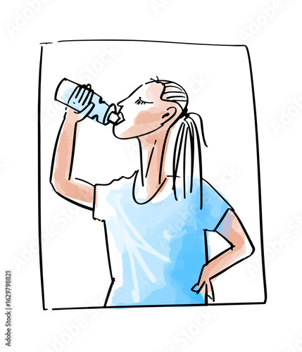 Girl drinking water from bottle. Vector isolated illustration, hand drawn with ink. Sport and health.