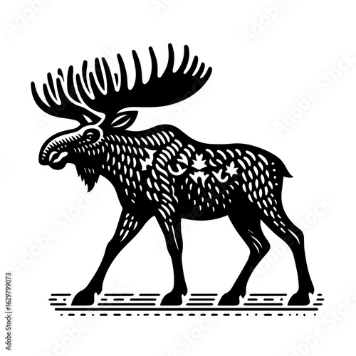Stylized black and white illustration of a moose