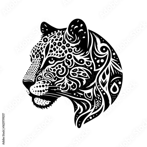 Stylized jaguar head with ornate tribal pattern isolated on white background