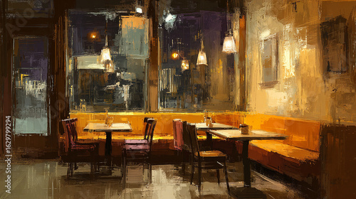 A digital painting of a cozy city café with warm lights