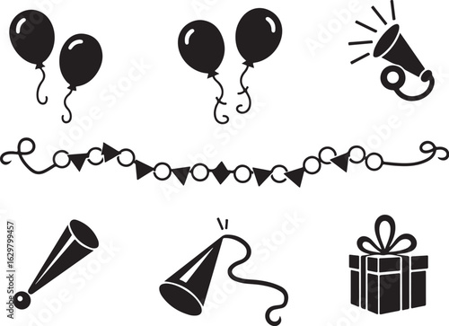 Festive party icons celebrate with balloons, horns, and gifts