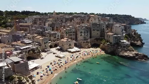 Aerial View of Polignano a Mare Coastal Town and Beach in Puglia, Italy with Adriatic Sea Panorama
