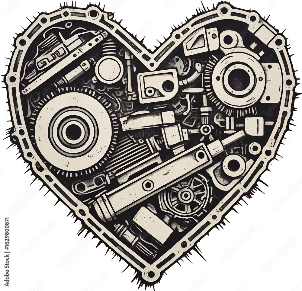 Fototapeta premium Grunge-style heart illustration with gears and cogs, a mix of music and machine art for a unique technological design