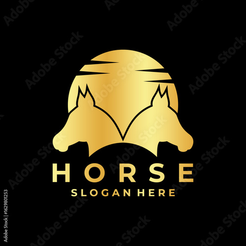 Horse Twins with sun logo design vector template. Horse logo design icon