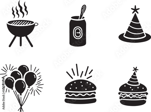 Party icons festive celebration BBQ burger balloons drink hat
