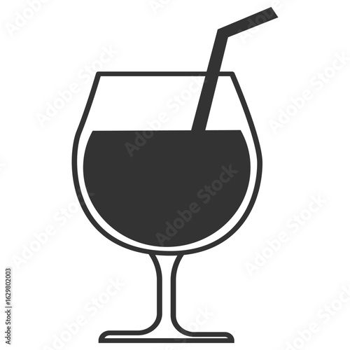 Cocktail glass with straw, Bold black vector of cocktail drink in round goblet with straw in flat silhouette style for bar or party themes

